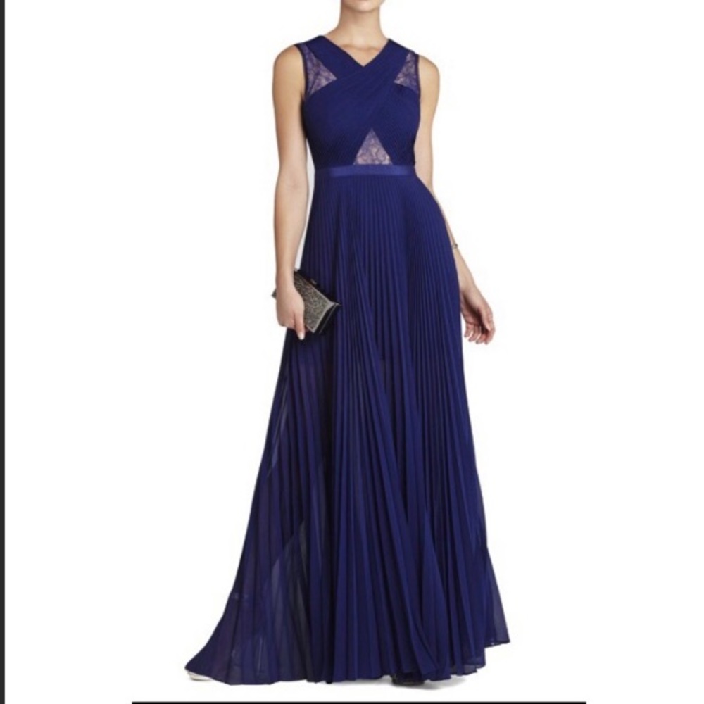 BCBGMaxAzria Blue Pleated Chiffon and Lace Gown
